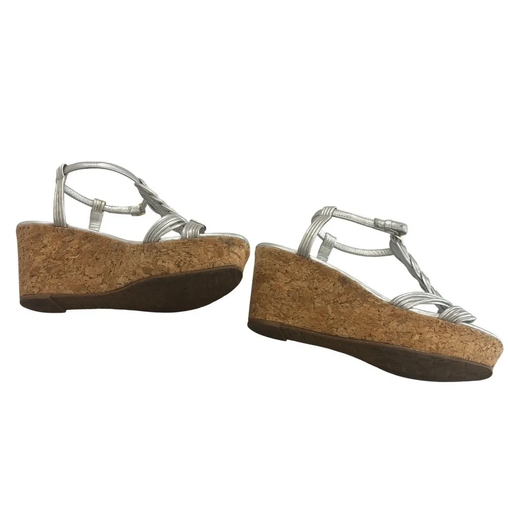 Kate Spade New York Silver Metallic‎ Braided Cork Wedge Sandals Size 6M Brazil